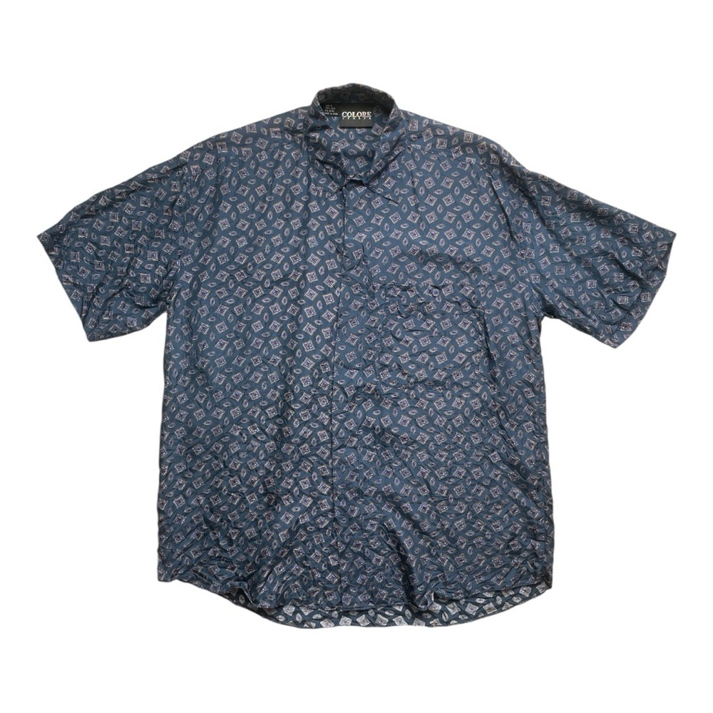 Colore Italia Short Sleeve Button Down Shirt, Navy, Size Medium